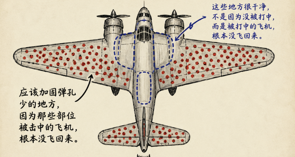 二战飞机弹孔图——幸存者偏差的经典图解：返航飞机机翼上布满弹孔，但引擎和油箱区域几乎没有弹孔，因为那些部位中弹的飞机根本没有飞回来
